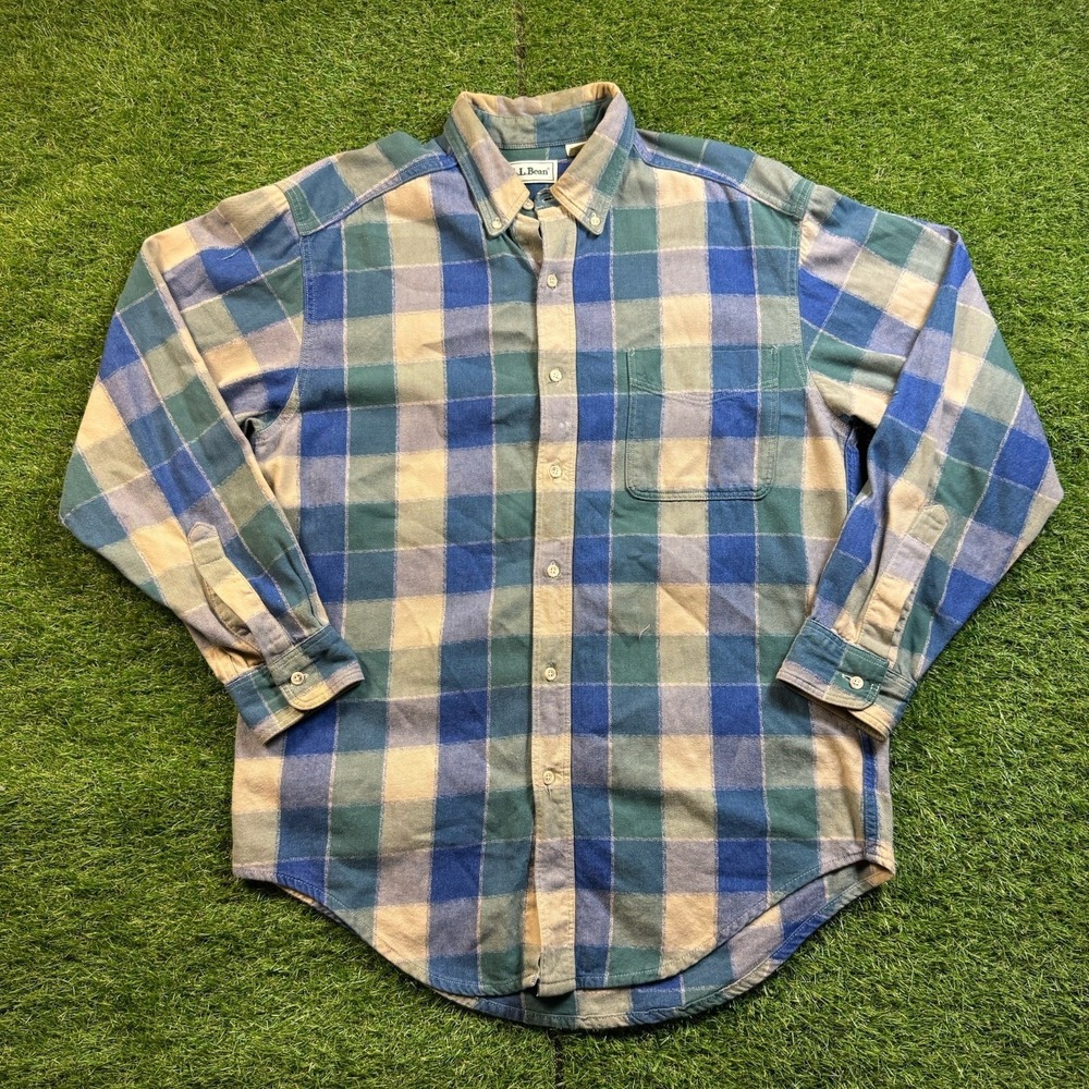 Vintage L.L. Bean Flannel Shirt Mens M Green Blue Plaid Made in USA Workwear 90s